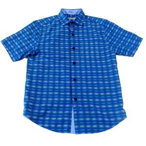 Tommy Bahama Coconut Point Plaid Blue Performance Tropical Button Up Shirt Small
